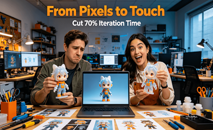 Game designer and 3D artist compare a rigid 3D printed character model with a soft, flexible, and high-fidelity silicone-cast replica in a game development studio, visualizing the leap from digital to tactile realism.