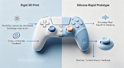  3D infographic contrasting the limitations of a rigid 3D printed prototype (brittle, unrealistic feel) with the functional advantages of a silicone rapid prototype (elastic deformation, tunable haptics) for gaming peripherals, as detailed in the article. 